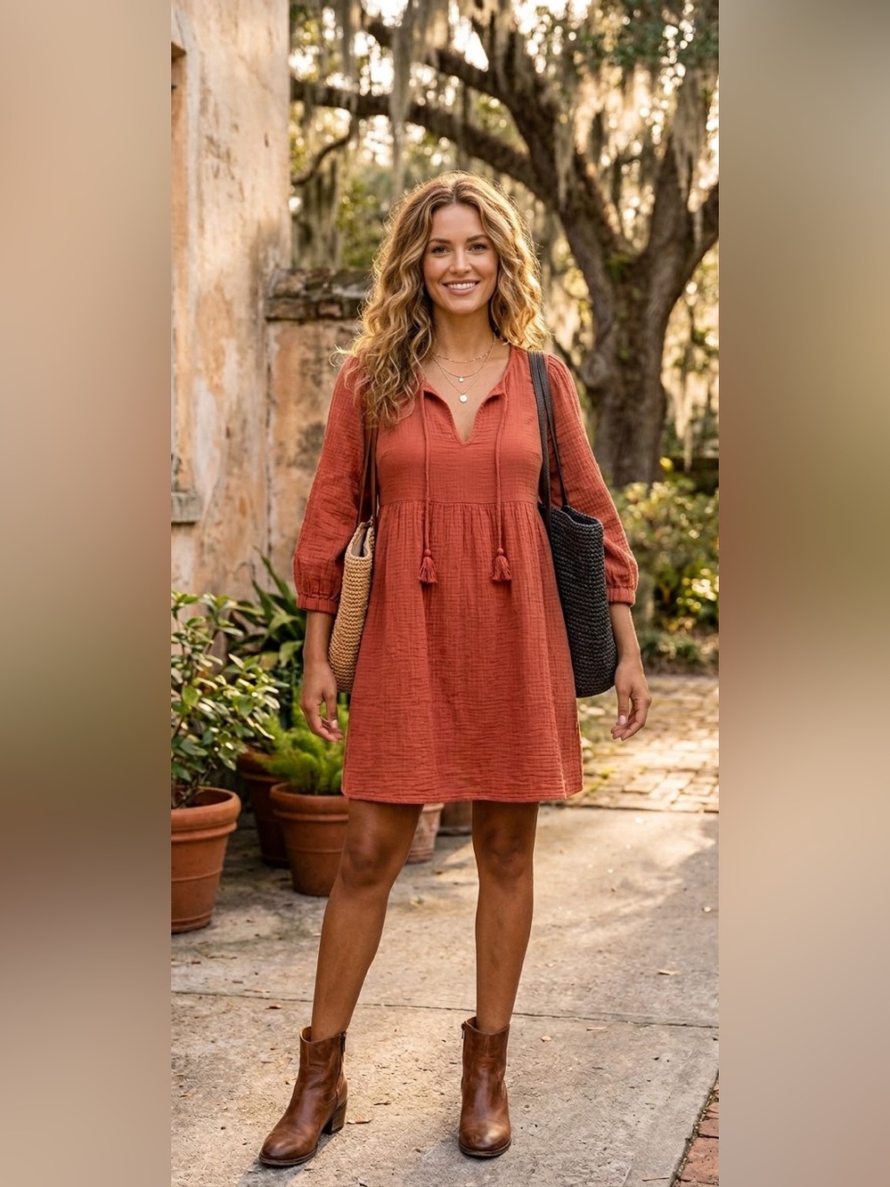Elan Long Sleeve Cotton Peasant Dress - Rust